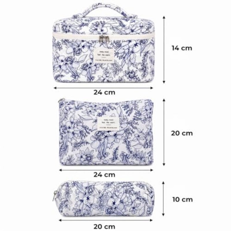 Quilted Makeup Bag Set of 3, Floral Cosmetic Organizer with Zipper, Soft Padded Toiletry Bags for Travel Daily Use - Image 5