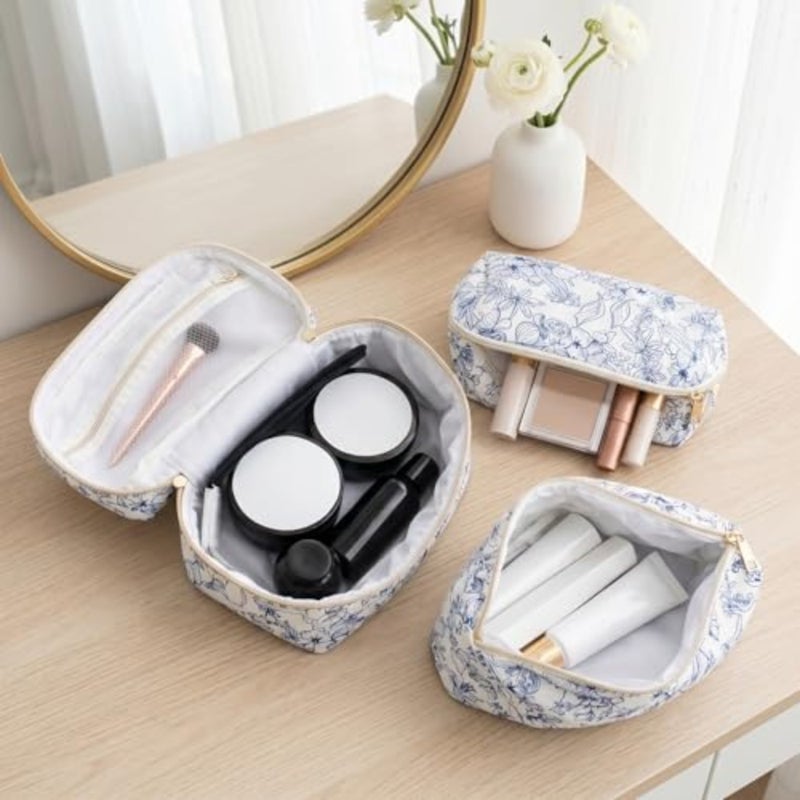 Quilted Makeup Bag Set of 3, Floral Cosmetic Organizer with Zipper, Soft Padded Toiletry Bags for Travel Daily Use - Image 3