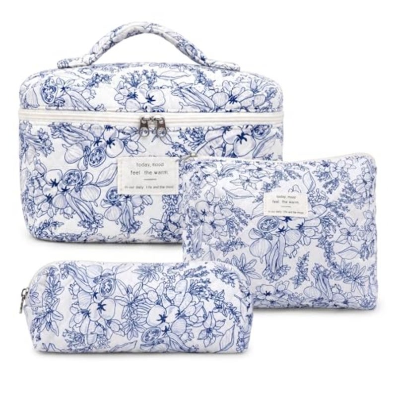Quilted Makeup Bag Set of 3, Floral Cosmetic Organizer with Zipper, Soft Padded Toiletry Bags for Travel Daily Use - Image 1