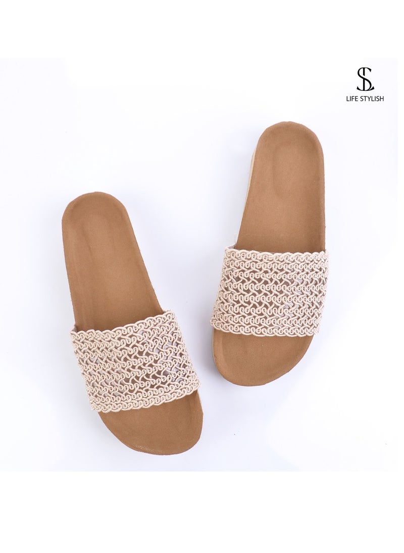 LIFESTYLISH - SL-102  Elegant leather laser slipper  - Beige - Image 1