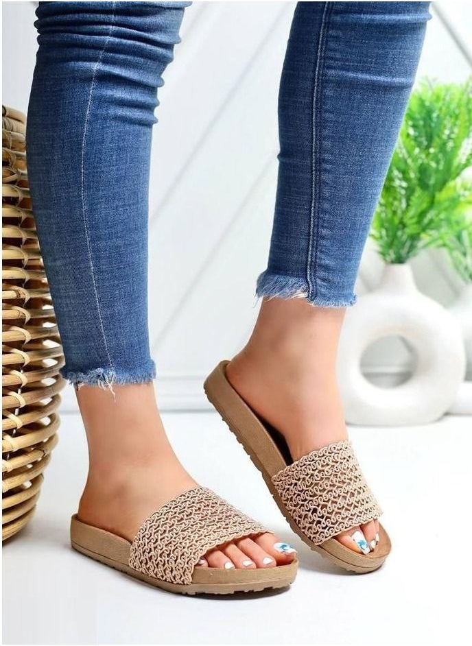 LIFESTYLISH - SL-102  Elegant leather laser slipper  - Beige - Image 1