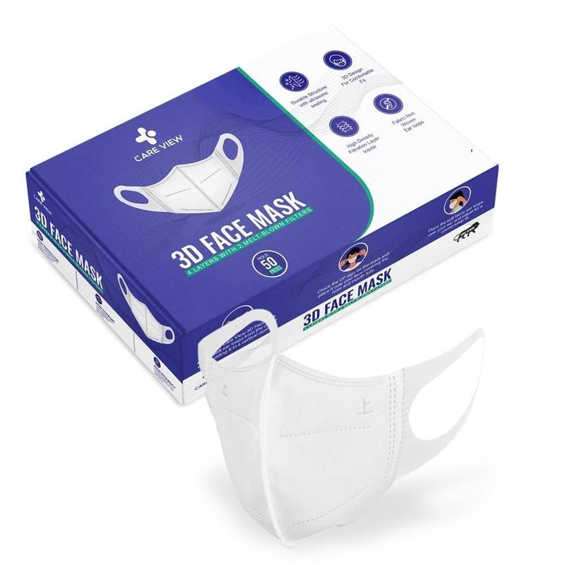 CARE VIEW 3 Dimensional Disposable Face Mask With 4 Layered & Incredibly Soft Spandex Non Woven Fabric Ear Loop (White, Pack Of 50)