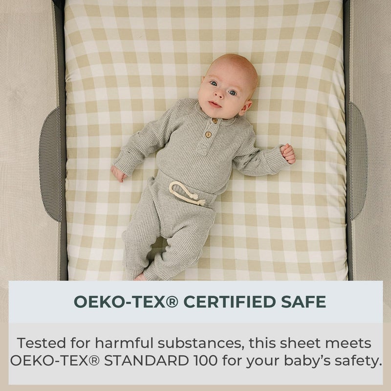 Pobibaby â€“ 2 Pack Pack N Play Sheets and Mini Crib Sheets, Premium Fitted Pack N Play Sheets for Standard Playards and Mini Cribs â€“ Ultra-Soft Jersey Knit, Safe and Snug for Baby (Gingham Khaki) - Image 5