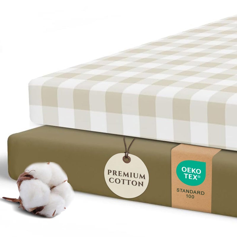 Pobibaby â€“ 2 Pack Pack N Play Sheets and Mini Crib Sheets, Premium Fitted Pack N Play Sheets for Standard Playards and Mini Cribs â€“ Ultra-Soft Jersey Knit, Safe and Snug for Baby (Gingham Khaki) - Image 1