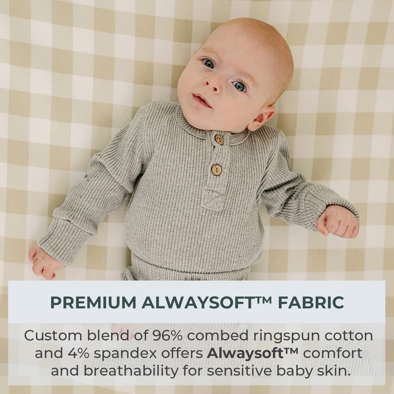 Pobibaby â€“ 2 Pack Pack N Play Sheets and Mini Crib Sheets, Premium Fitted Pack N Play Sheets for Standard Playards and Mini Cribs â€“ Ultra-Soft Jersey Knit, Safe and Snug for Baby (Gingham Khaki) - Image 2