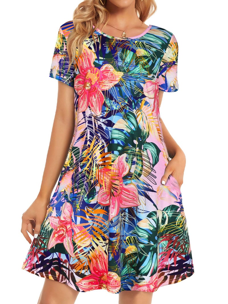 elescat Spring Dress for Women Sundress Beach Tshirt Short Sleeve Flowy with Pockets Coverup(Pink Floral, L) - Image 1