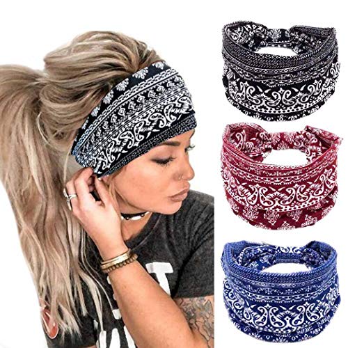 Bohend Boho Button Wide Women Headbands 3 Pack Black knotted Hair Bands Fashion Printing Bandeau Travel Stretchy Cotton Headband polyester Sport Hair Accessories for Girls - Image 1