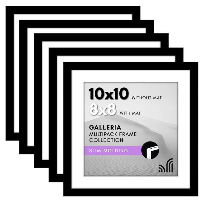 10X10 PICTURE FRAME WITH POLISHED PLEXIGLASS SET OF 5 USE AS 8X8 FRAME WITH MAT OR DISPLAY 10X10 PHOTO WITHOUT MAT GALLERIA COLLECTION SQUARE FRAMES FOR TABLETOP OR WALL BLACK