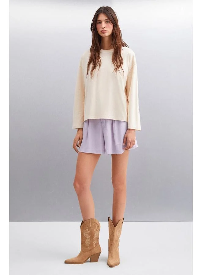 GRIMELANGE Basıl Women's Oversize 100% Organic Cotton Knit Long Sleeve Beige T‑shirt.