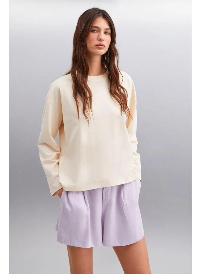 GRIMELANGE Basıl Women's Oversize 100% Organic Cotton Knit Long Sleeve Beige T‑shirt.