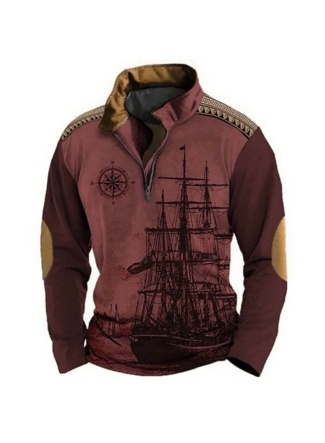 NIBEMINENT Men's Loose-Fit 3D Digital Print Retro Nautical Semi-Zip Long Sleeve Streetwear Stand Collar Pullover - Image 1