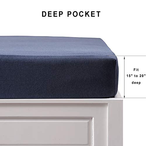 PURE ERA Jersey Knit Cotton Fitted Bottom Sheet ONLY (No Flat Sheet or Shams) Deep Pocket Up to 15" to 20" Ultra Soft Comfy Breathable Heathered Navy Blue Queen - Image 3