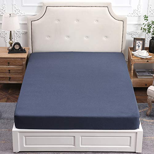 PURE ERA Jersey Knit Cotton Fitted Bottom Sheet ONLY (No Flat Sheet or Shams) Deep Pocket Up to 15" to 20" Ultra Soft Comfy Breathable Heathered Navy Blue Queen - Image 5