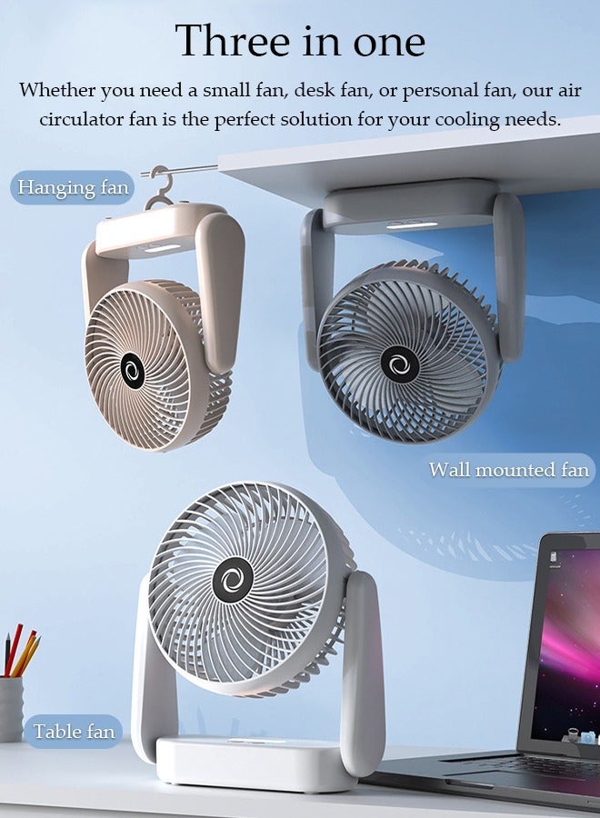 Table Air Circulator Fan with Night Lamp Mini Personal 3 Speeds Portable 360° Adjustable Tilt Desk Hook Wall Mounted and Hanging fan for Whole Room Home Bedroom Office