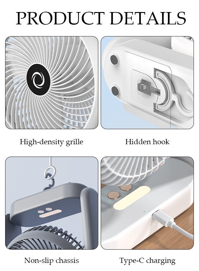Table Air Circulator Fan with Night Lamp Mini Personal 3 Speeds Portable 360° Adjustable Tilt Desk Hook Wall Mounted and Hanging fan for Whole Room Home Bedroom Office