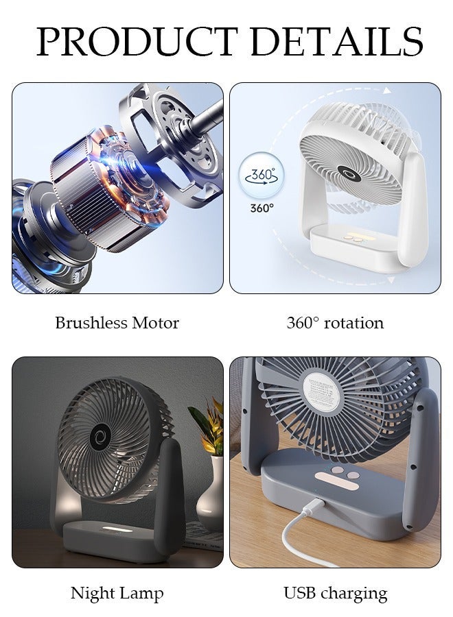Table Air Circulator Fan with Night Lamp Mini Personal 3 Speeds Portable 360° Adjustable Tilt Desk Hook Wall Mounted and Hanging fan for Whole Room Home Bedroom Office