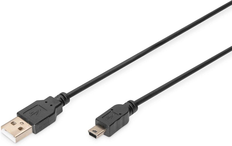 DIGITUS USB 2.0 cable – 1 m – USB A to type Mini B (5-pin) – 480 Mbps – connection cable for PC, notebook, cameras or hubs – blister pack – black - Image 1