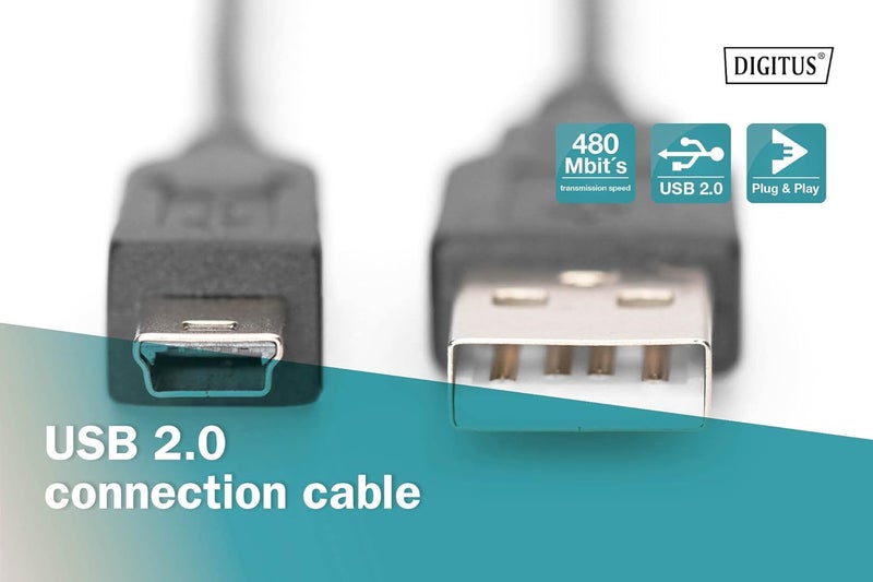 DIGITUS USB 2.0 cable – 1 m – USB A to type Mini B (5-pin) – 480 Mbps – connection cable for PC, notebook, cameras or hubs – blister pack – black - Image 5