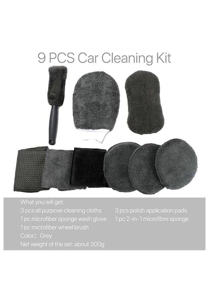 9 Pcs Car Care Car Cleaning Kit,Wash Cleaning Tools Kit Auto Care,with Soft Microfiber Cloth Towels,Wash Mitt Sponge, Automotive Detail Brushes for Cleaning Wheels, Exterior, Leather, Air Vents - Image 2