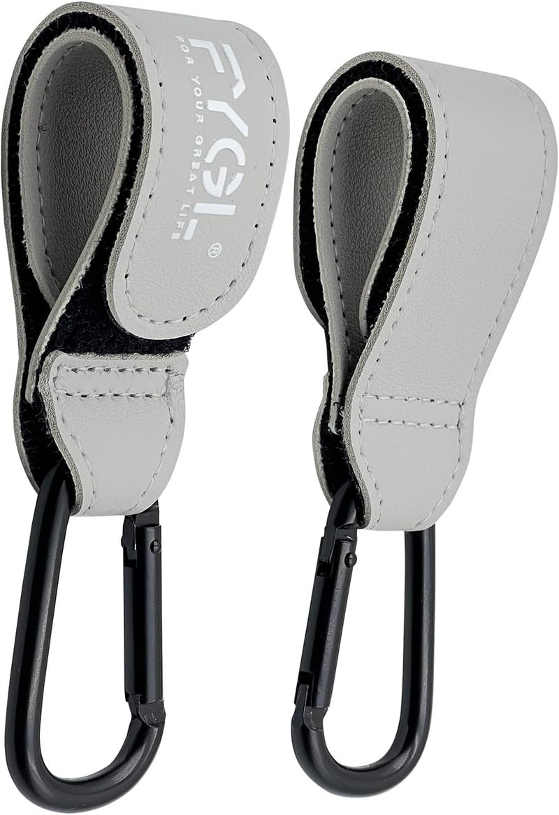 FYGL Stroller Hooks - Leather Buggy Clips, Pushchair Carabiner Clip for bags, Easy Attachment for Pram, Universal Stroller Clips and Hooks, Stroller Accessories - Grey (2 Pack) - Image 1