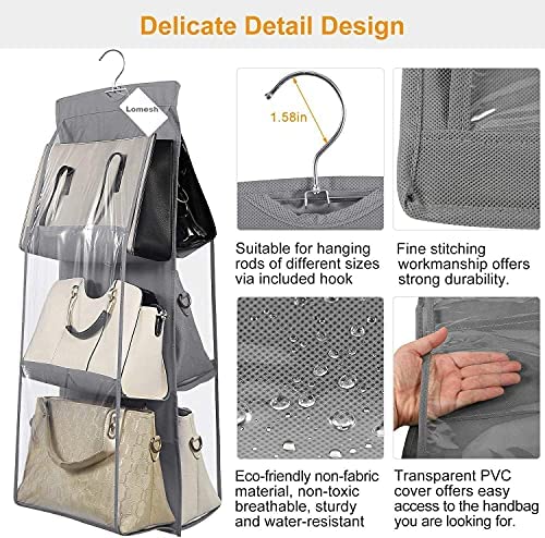LOMESH Foldable Hanging Hand Bag Organizer DustProof Storage Purse Holder Bag Wardrobe Closet Cupboard for Clutch with 6 Pockets Assorted Non Woven Hanging Bag with Hook for Ladies Women - Image 4