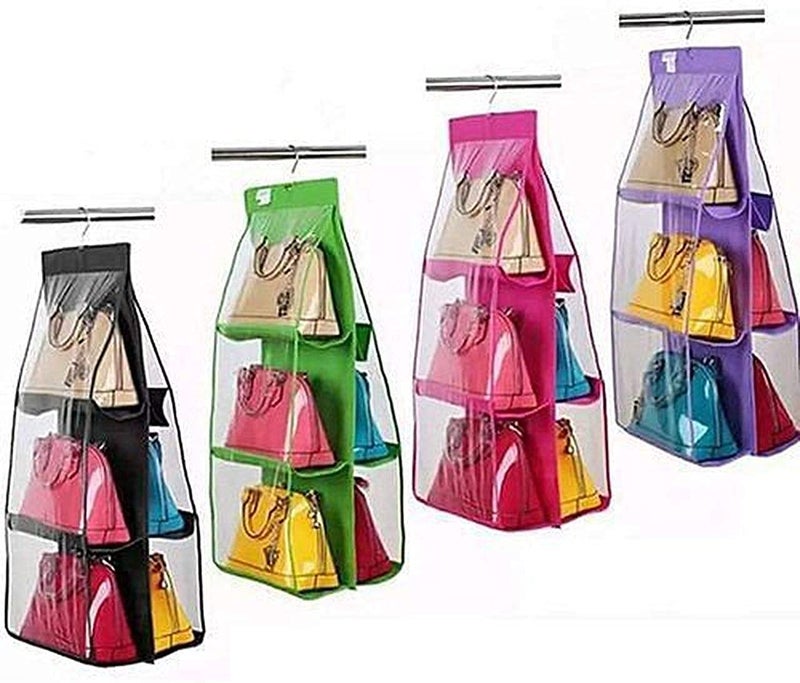 LOMESH Foldable Hanging Hand Bag Organizer DustProof Storage Purse Holder Bag Wardrobe Closet Cupboard for Clutch with 6 Pockets Assorted Non Woven Hanging Bag with Hook for Ladies Women - Image 5