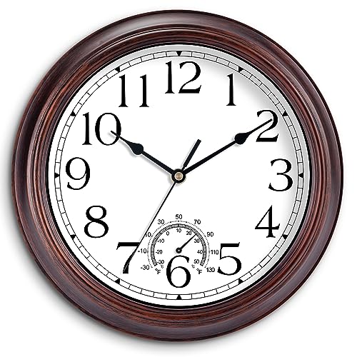 KECYET 14 Inch Outdoor Wall Clock with Thermometers Vintage Silent Wall Clocks Battery Operated Retro NonTicking Clock Decorative for Living Room Patio Kitchen Office Bathroom BedroomBronze - Image 1