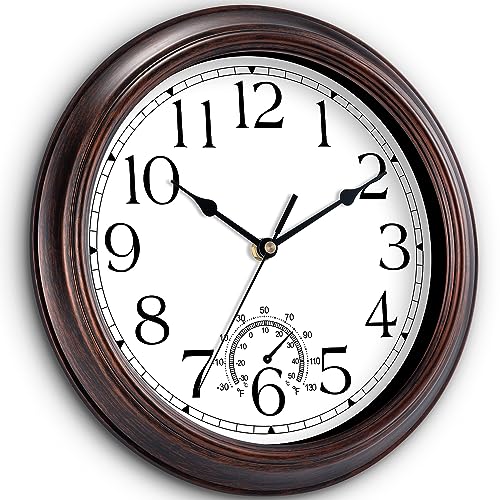 KECYET 14 Inch Outdoor Wall Clock with Thermometers Vintage Silent Wall Clocks Battery Operated Retro NonTicking Clock Decorative for Living Room Patio Kitchen Office Bathroom BedroomBronze - Image 3