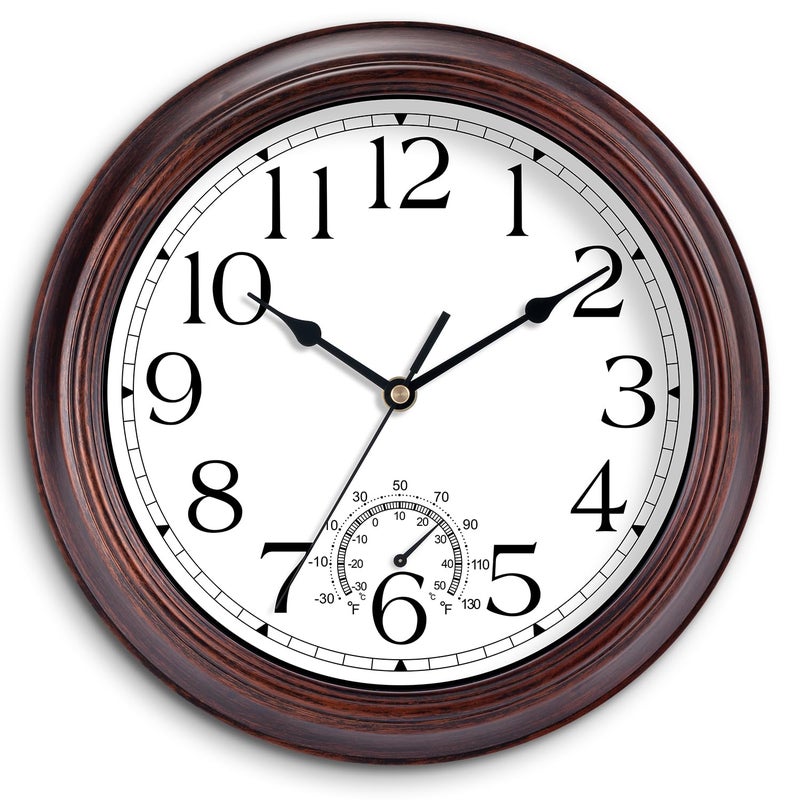 KECYET 14 Inch Outdoor Wall Clock with Thermometers Vintage Silent Wall Clocks Battery Operated Retro NonTicking Clock Decorative for Living Room Patio Kitchen Office Bathroom BedroomBronze - Image 2