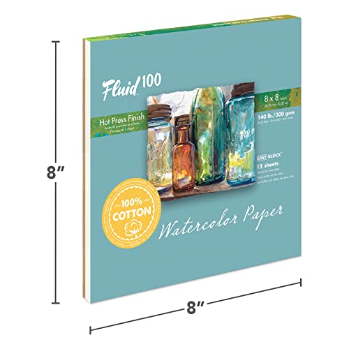 Speedball Fluid 100 Watercolor Paper Block, 8 x 8 inches, 15 Sheets, 140 lb (300 GSM) 100% Cotton Hot Press Pad for Artist Painting and Wet Media - Image 2
