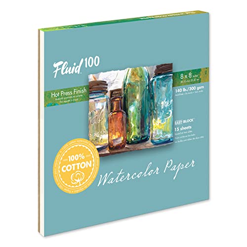 Speedball Fluid 100 Watercolor Paper Block, 8 x 8 inches, 15 Sheets, 140 lb (300 GSM) 100% Cotton Hot Press Pad for Artist Painting and Wet Media - Image 1