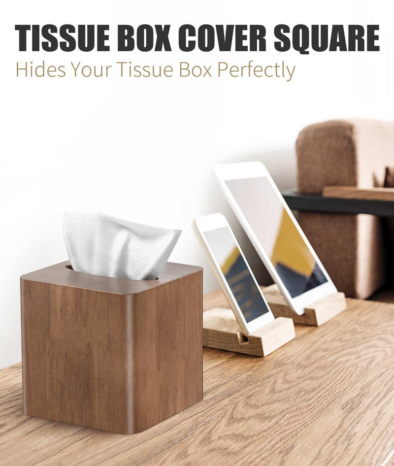 Livelab Tissue Box Cover Square - Oak Wood Tissue Box Holder for Living Room, Dinner Table, Bathroom, Office - Decorative Wooden Cube Facial Tissue Cover for Modern Farmhouse Home Decor | Brown - Image 4