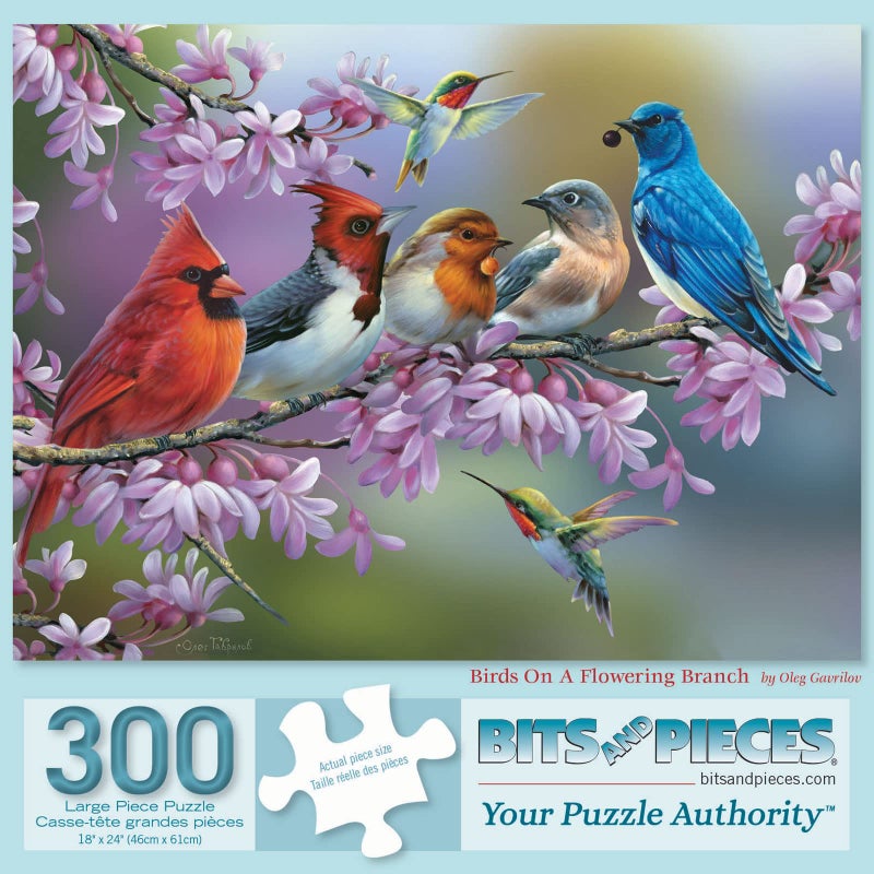 Bits and Pieces â€“ 300 Piece Jigsaw Puzzle for Adults â€“ Birds On A Flowering Branch - Cardinals Bluebird Hummingbird Flowers Jigsaw Puzzle by Artist Oleg Gavrilov, Completed Puzzle Size: 18" x 24" - Image 1