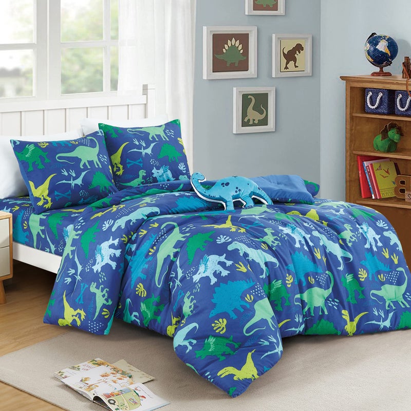 WPM WORLD PRODUCTS MART Blue Dinosaurs Print Comforter Set for Boys Girls teen Twin size bedding for kids bedroom include comforter fitted sheet pillow sham and Dinosaur Pillow Blue Dinosaurs Twin 