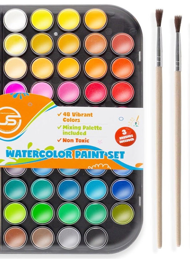 Ultimate Stationery طقم ألوان مائية، 48 لونًا من جودة ممتازة، قابلة للغسل، غير سامة، ألوان مائية مع لوحة خلط قابلة للفصل و3 فرشاة طلاء، رائعة للبالغين، الأطفال، المبتدئين، والفنانين - Image 1