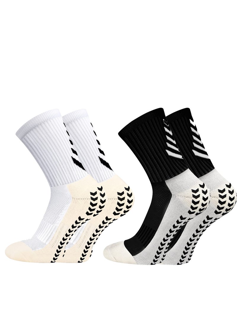 SOLARAE 2 Pairs of Men's Non Slip Soccer Socks Running Socks Sports Socks for Soccer Basketball Towel Bottom Sports Grip Socks Mid-calf Socks (Black White) - Image 1