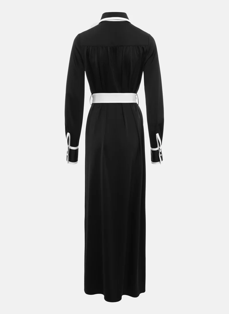 Lichi Maxi dress with contrasting inserts and flower brooch