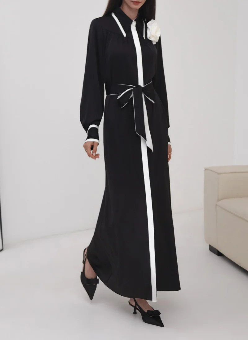 Lichi Maxi dress with contrasting inserts and flower brooch