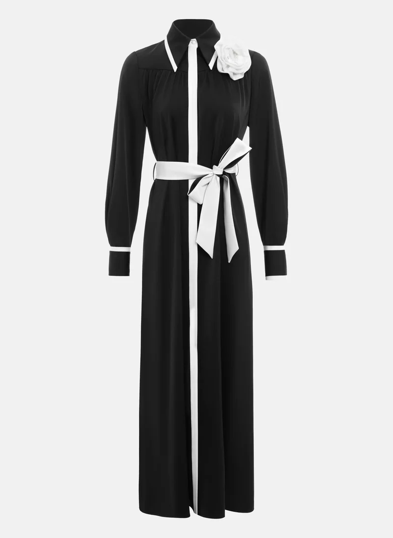 Lichi Maxi dress with contrasting inserts and flower brooch