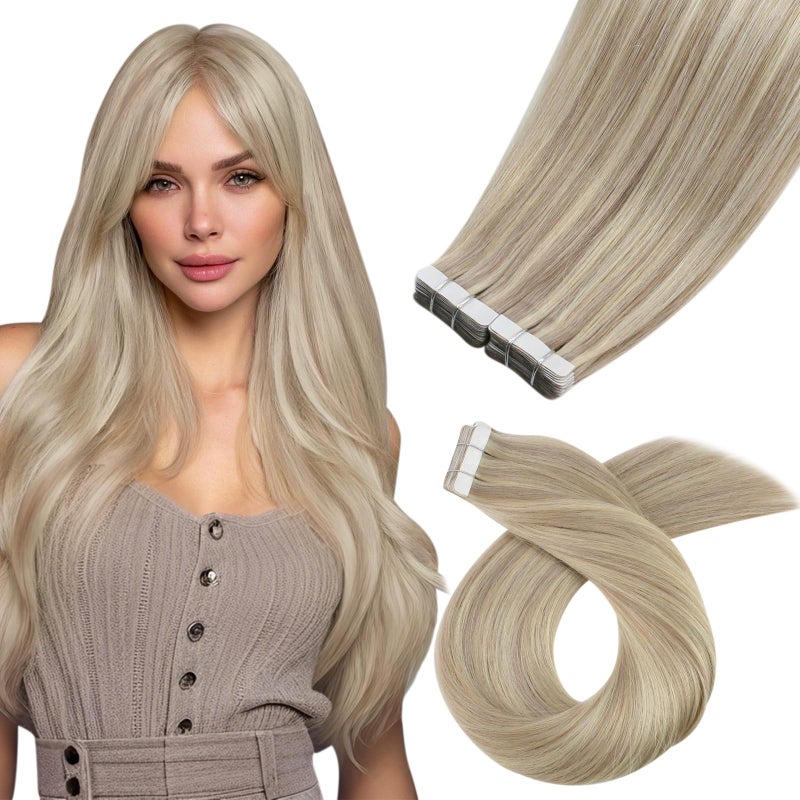 Moresoo Tape in Hair Extensions Human Hair 40Pcs Highlight Tape in Extensions for Women 60g Ash Blonde with Platinum Blonde Hair Extensions Real Human Hair 12 Inch 18613
