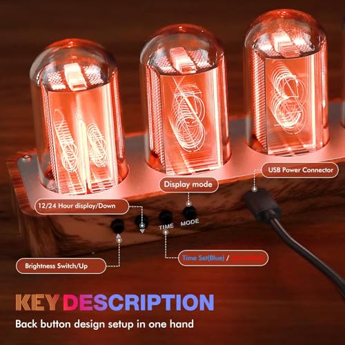 ClocTeck Nixie Tube Clock with Wi-Fi SYNC, Alarm & Timer, 12/24H Display, No Assembly Required - A Retro Gift for Friends (Wood Grain) - Image 5