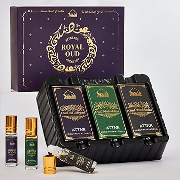 DUKHNI Royal Oud Attar Oil Set by Dukhni Pure original Oud oil Islamic fragrances Eid Ramadan gifts for men and women 3 assorted mini roll on perfume scents x 6ml Arabian oud oil arab perfumes - Image 1