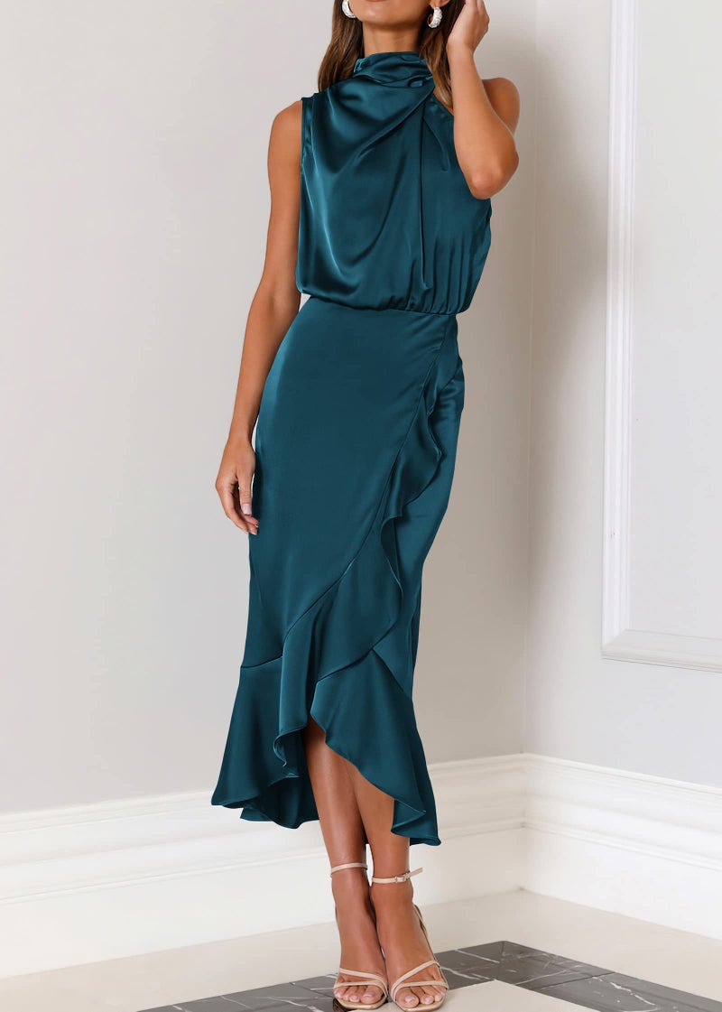 KIRUNDO Women 2026 Spring Summer Satin Mock Neck Wedding Guest Party Cocktail Midi Dress Sleeveless Wrap Ruffle Formal Dress(Navy, Medium) - Image 4