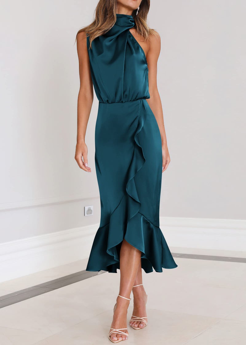 KIRUNDO Women 2026 Spring Summer Satin Mock Neck Wedding Guest Party Cocktail Midi Dress Sleeveless Wrap Ruffle Formal Dress(Navy, Medium) - Image 2