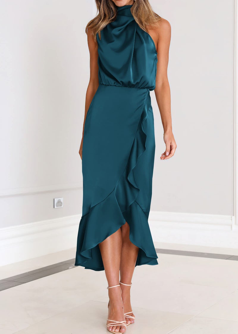 KIRUNDO Women 2026 Spring Summer Satin Mock Neck Wedding Guest Party Cocktail Midi Dress Sleeveless Wrap Ruffle Formal Dress(Navy, Medium) - Image 3