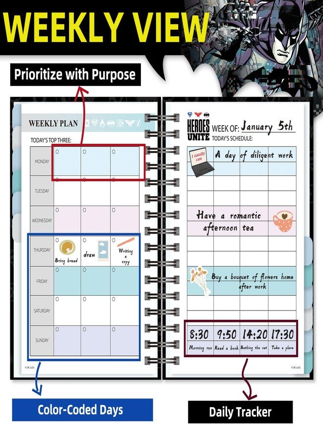 CoCube+ Batman 2026 Planner - Superhero Undated Daily Weekly & Monthly Planner with Calendar & Holiday Tracker, Monthly Tabs, Habit Tracker, 12 Months Spiral Agenda Book for Office School Gift Supplies - Image 4