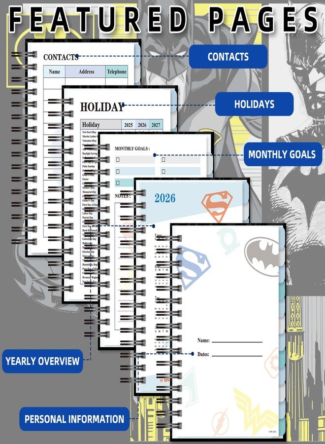 CoCube+ Batman 2026 Planner - Superhero Undated Daily Weekly & Monthly Planner with Calendar & Holiday Tracker, Monthly Tabs, Habit Tracker, 12 Months Spiral Agenda Book for Office School Gift Supplies - Image 5
