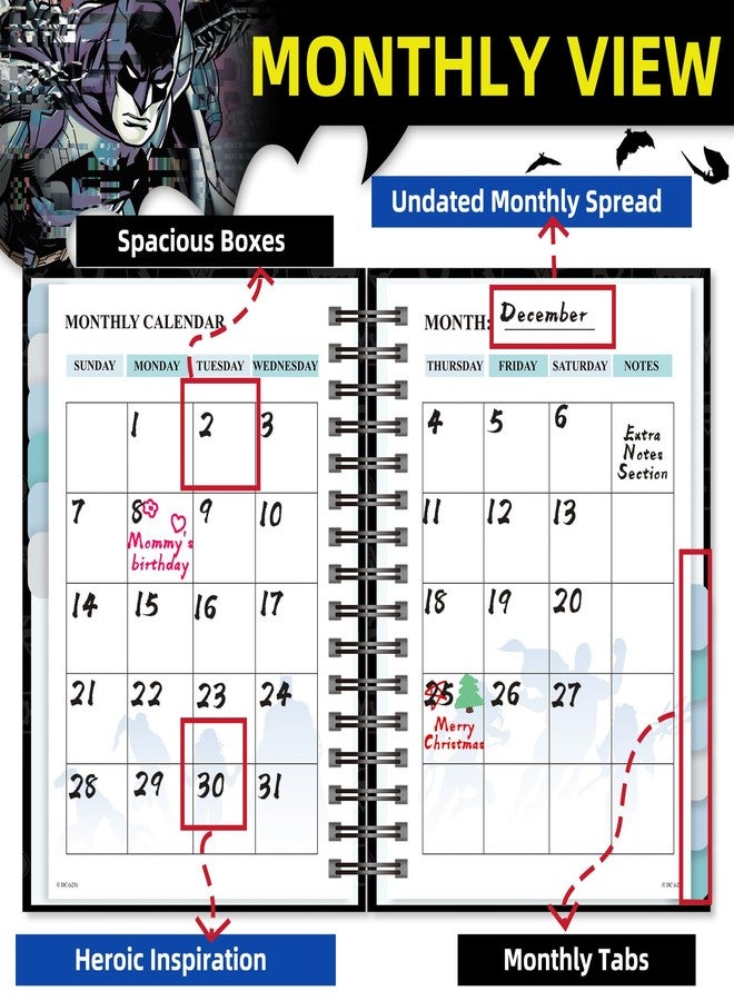 CoCube+ Batman 2026 Planner - Superhero Undated Daily Weekly & Monthly Planner with Calendar & Holiday Tracker, Monthly Tabs, Habit Tracker, 12 Months Spiral Agenda Book for Office School Gift Supplies - Image 3