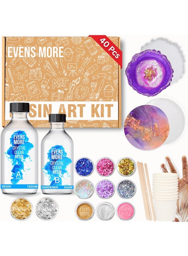 EVENS MORE 40 Pcs Resin Coaster Making kit with 200Gm Crystal Clear Resin and Glitter Round and Agate Mould (Coaster Kit) - Image 1