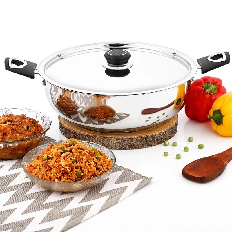 DONIV DONIV Sorrento Stainless Steel Sandwich Bottom Kadai with Lid, 30 cm, Heavy Base & Cool Touch Bakelite Handles, Kadai with Steel Lid, Induction Bottom & Gas Stove Kadai, 5 Years Warranty, Pack of 1 - Image 2